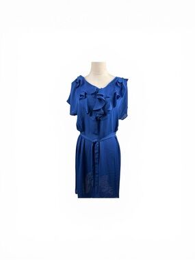 Lands' End Royal Blue Ruffled V-Neck Midi Dress with Tie Belt size 10